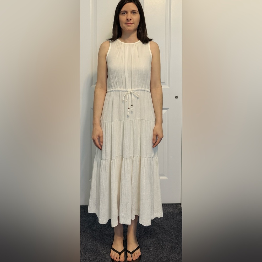 Calvin Klein Women’s Tiered A-line Midi Dress Drawstring Size 8 Off White NWOT